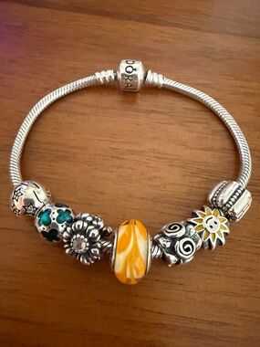 Pandora Charm Bracelet with 7 retired charms. Spring/Summer Theme